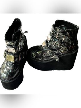 Demonia Holographic Black Platform Buckle Boots SUPER RARE